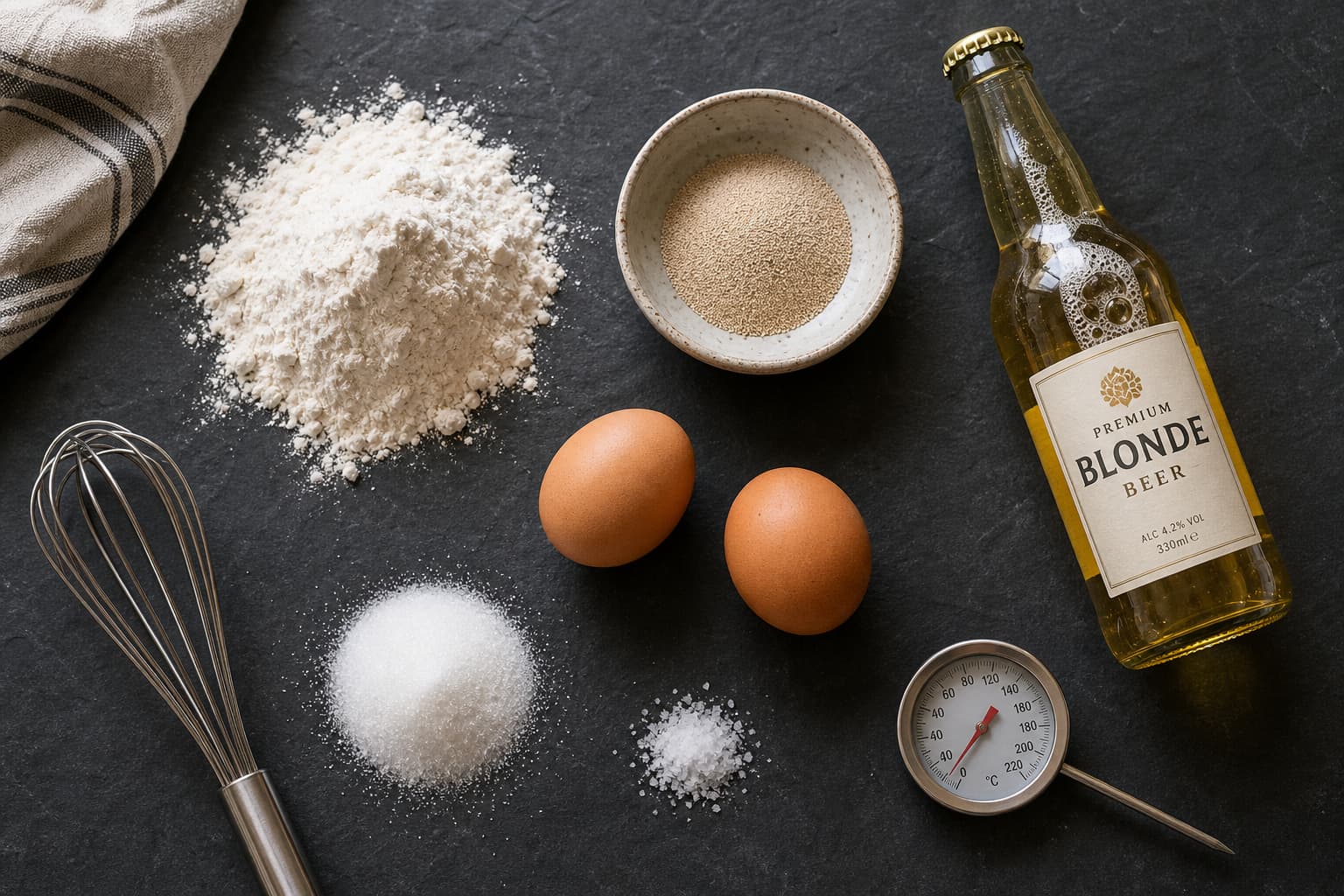 Ingrédients et ustensiles pour beignets forains disposés à plat : farine, levure, bière blonde, œufs, sucre, sel, fouet et thermomètre sur une surface en ardoise sombre, éclairage naturel par une fenêtre.