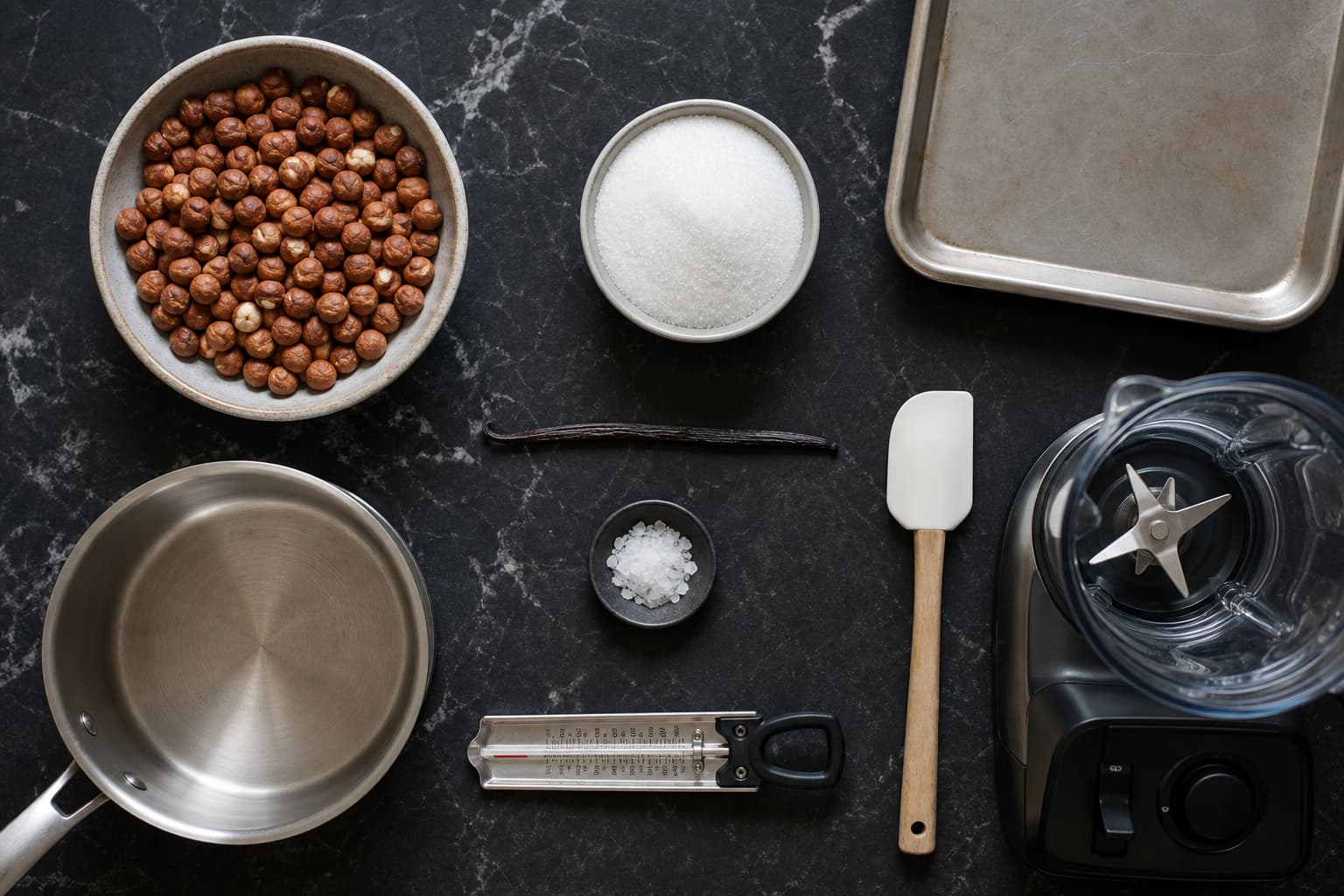 Disposition à plat d’ingrédients et d’ustensiles pour faire du praliné maison : noisettes entières, sucre blanc, gousse de vanille, fleur de sel, une plaque de cuisson, une casserole, un thermomètre à bonbons, un blender puissant et une spatule, sur un fond en marbre foncé, lumière du jour, style livre de cuisine.