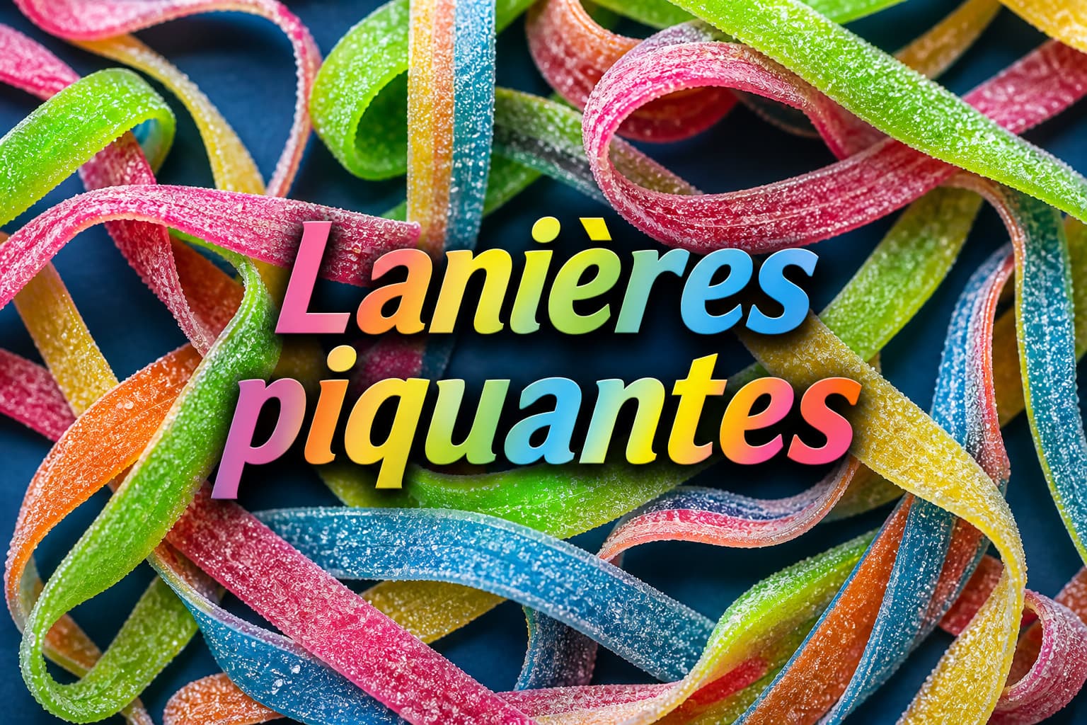 Un enchevêtrement de lanières de bonbons acidulés multicolores torsadées, aux textures gommeuses et enrobées de sucre, sur fond bleu profond, avec le texte
