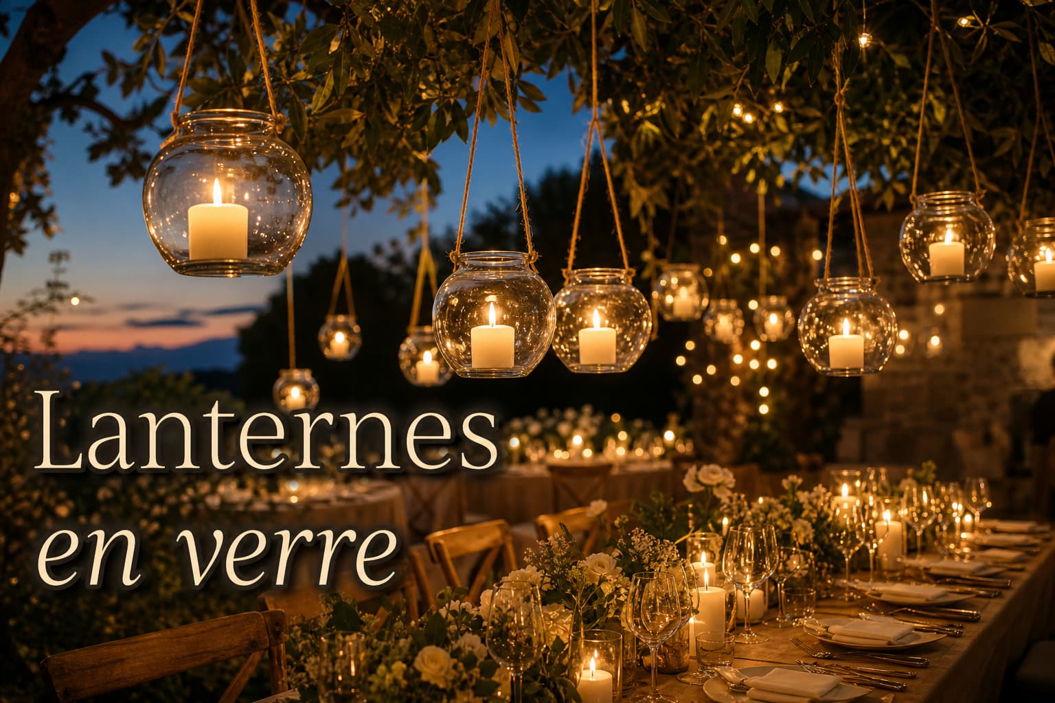 Lanternes en verre avec bougies suspendues aux branches d