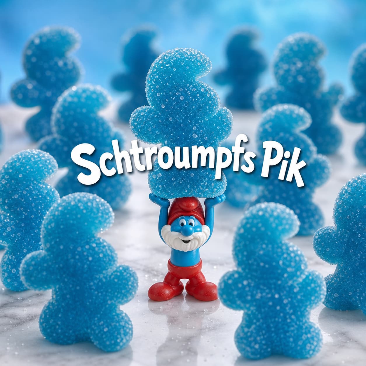 Plusieurs bonbons gélifiés bleus Schtroumpfs Pik disposés artistiquement sur une surface en marbre blanc, l
