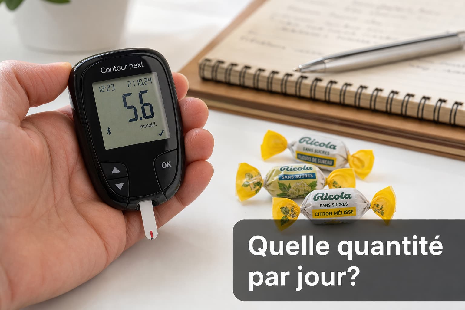 Gros plan d’une main tenant un glucomètre à côté de bonbons Ricola sans sucre sur une surface blanche, avec un carnet et un stylo en arrière-plan et un texte superposé
