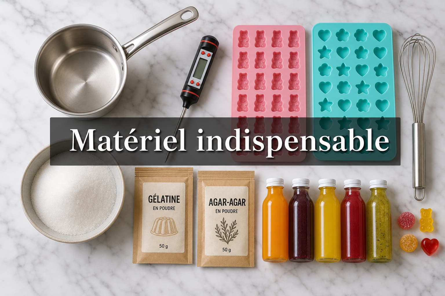 Ustensiles et ingrédients de confiserie disposés sur une surface en marbre clair, avec le texte superposé