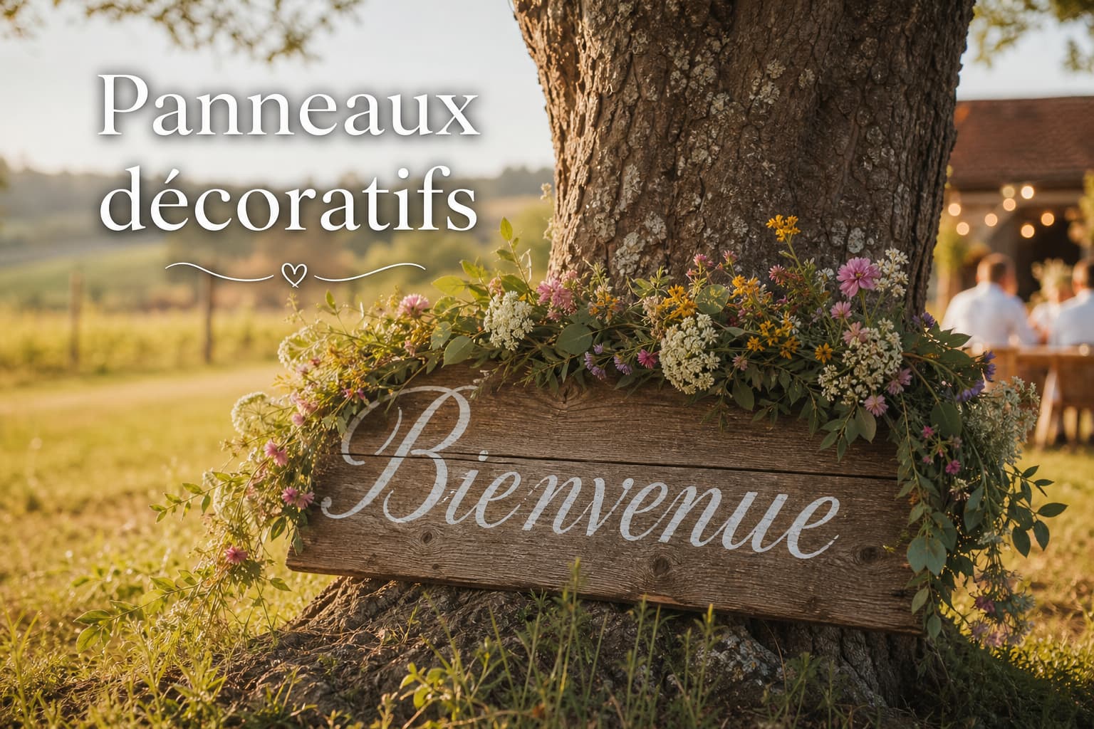 Panneau en bois usé affichant bienvenue, appuyé contre un arbre et orné de fleurs sauvages