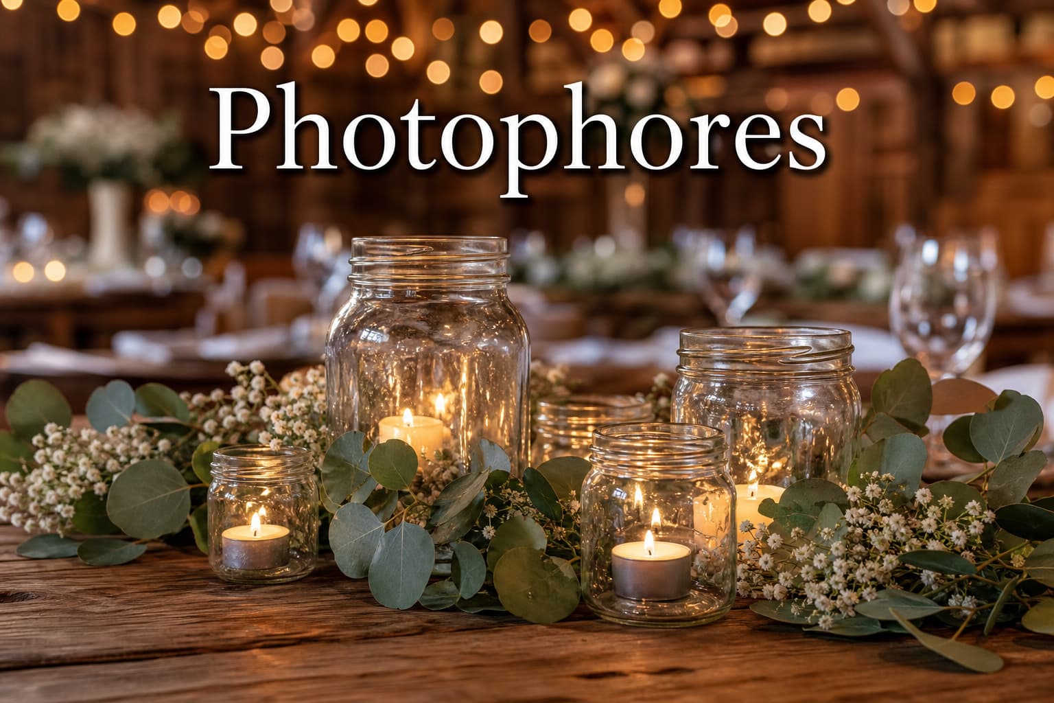 Arrangement de photophores en bocaux de verre recyclé sur une table en bois rustique