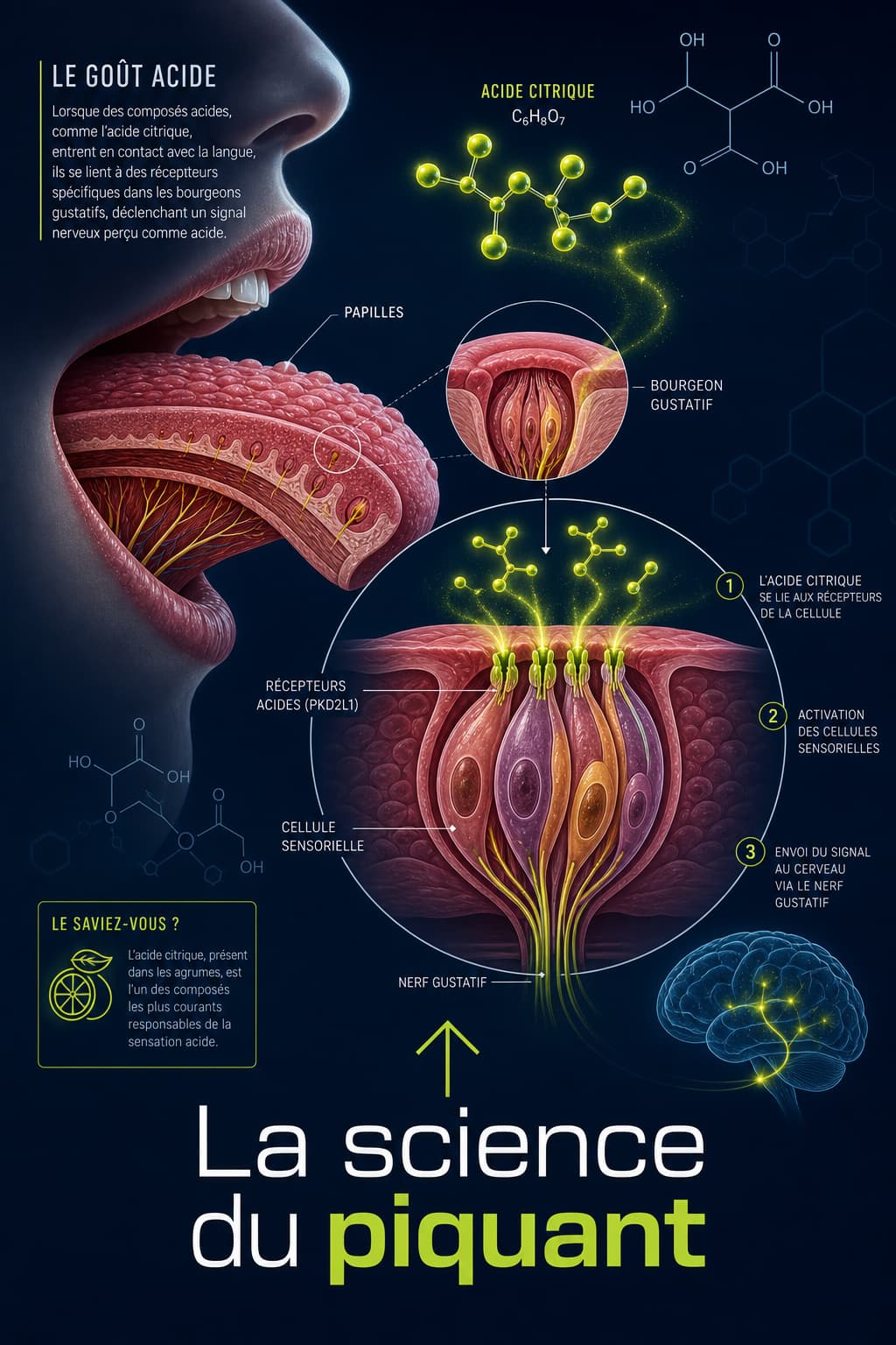 Coupe stylisée de langue humaine montrant des papilles gustatives avec des molécules lumineuses d
