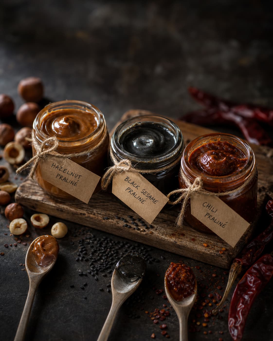 Trois petits pots en verre contenant des variations de praliné (noisette classique, sésame noir et piment) disposés sur une planche en bois, avec étiquettes manuscrites attachées par de la ficelle, épices éparpillées autour, éclairage directionnel doux sur fond sombre.