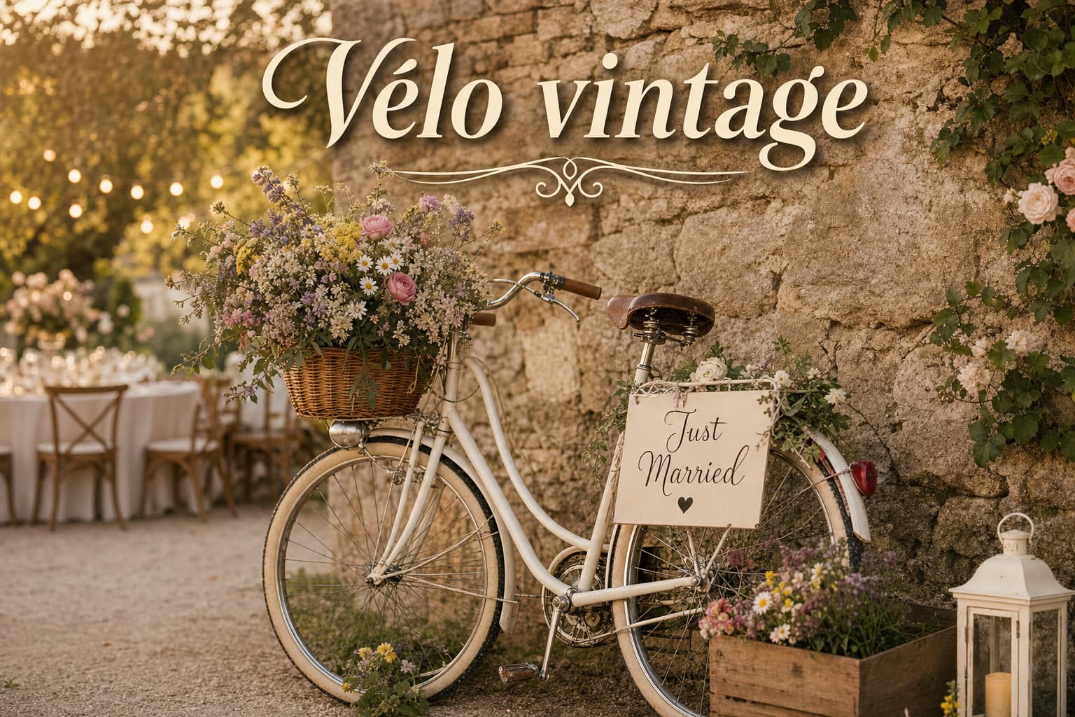 Vélo vintage avec un panier en osier rempli de fleurs sauvages et un panneau Just Married