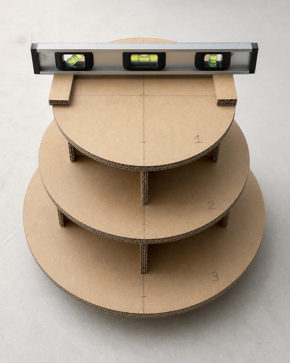 Vue légèrement plongeante d’un assemblage à blanc de trois disques en carton superposés, avec axes de centrage tracés, numéros sur les pièces et renfort en carton visible sous un niveau.
