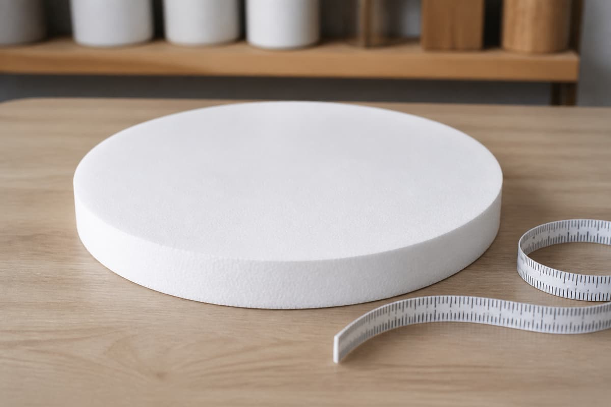 Base blanche en polystyrène posée sur un plan de travail propre, avec un mètre ruban à côté.