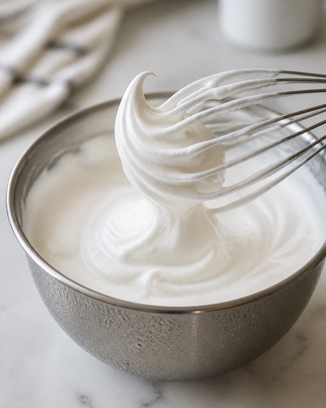 Un fouet propre soulève une crème chantilly blanche et brillante formant un bec souple au-dessus d’un bol en inox froid.