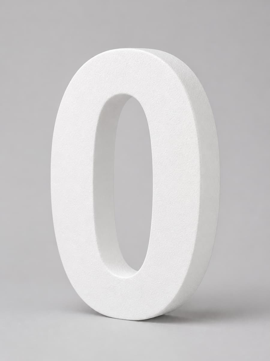 Grand chiffre zéro en polystyrène blanc, vu de face sur un fond neutre, avec un contour intérieur ouvert et une épaisseur visible.