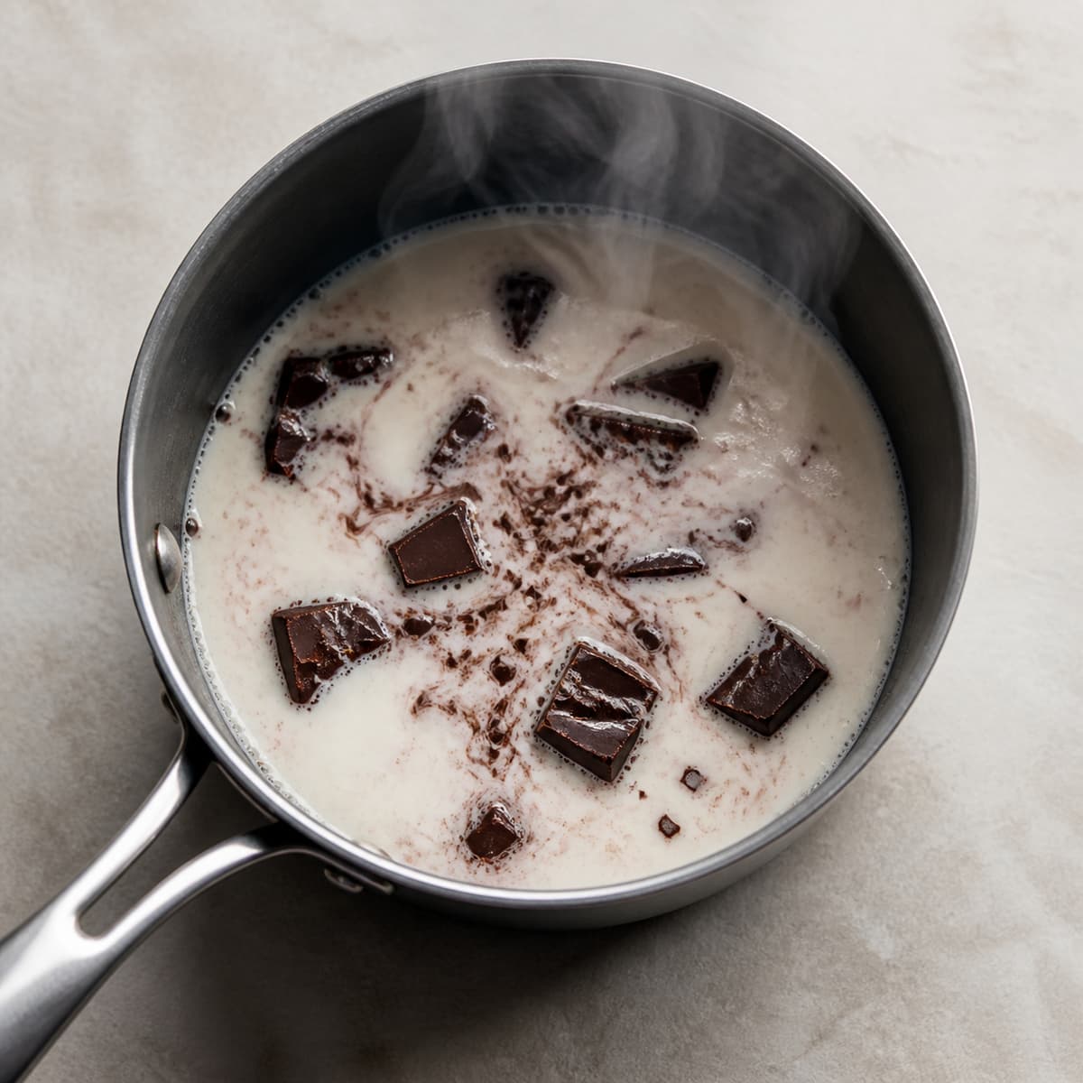 Casserole vue de dessus contenant du lait chaud fumant et des morceaux de chocolat noir haché en train de fondre doucement.