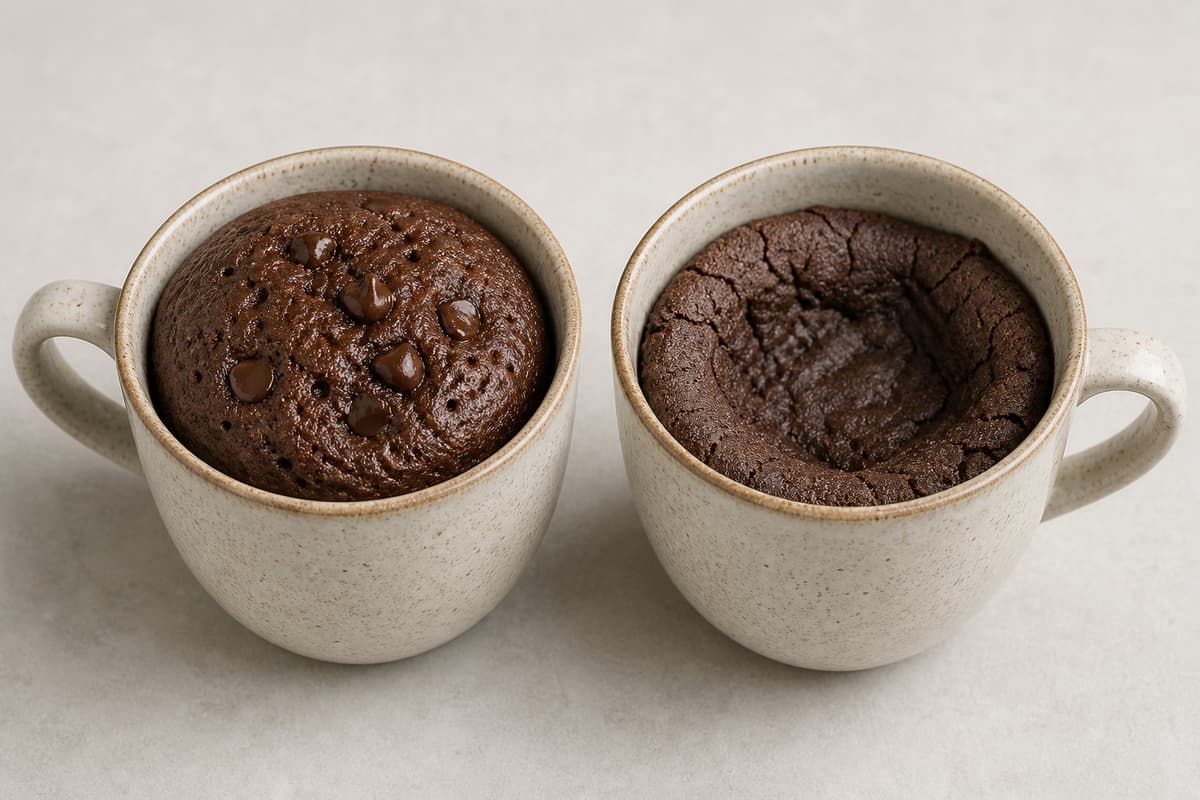 Deux mugs identiques posés côte à côte sur un fond clair, l'un contenant un mug cake moelleux et doré, l'autre un mug cake sec et affaissé avec une texture dense.