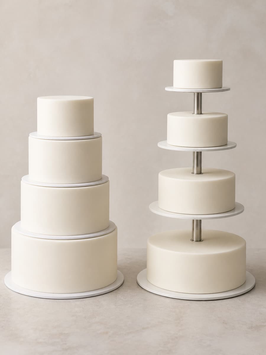Comparaison côte à côte de quatre gâteaux ronds de diamètres décroissants empilés à gauche et de quatre desserts sur un présentoir à étages à droite.