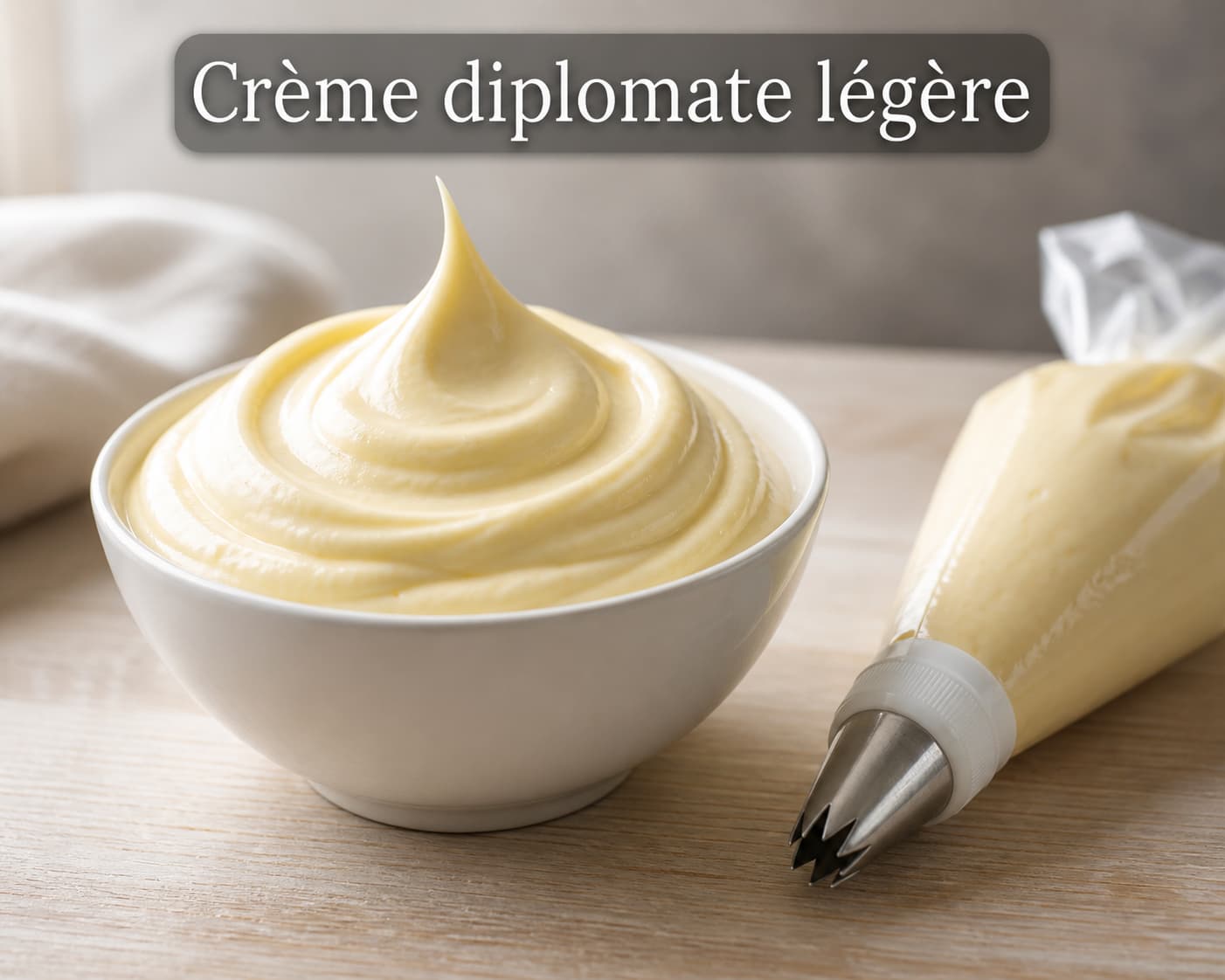 Bol de crème diplomate lisse et aérienne de couleur jaune pâle, avec un bec souple, à côté d