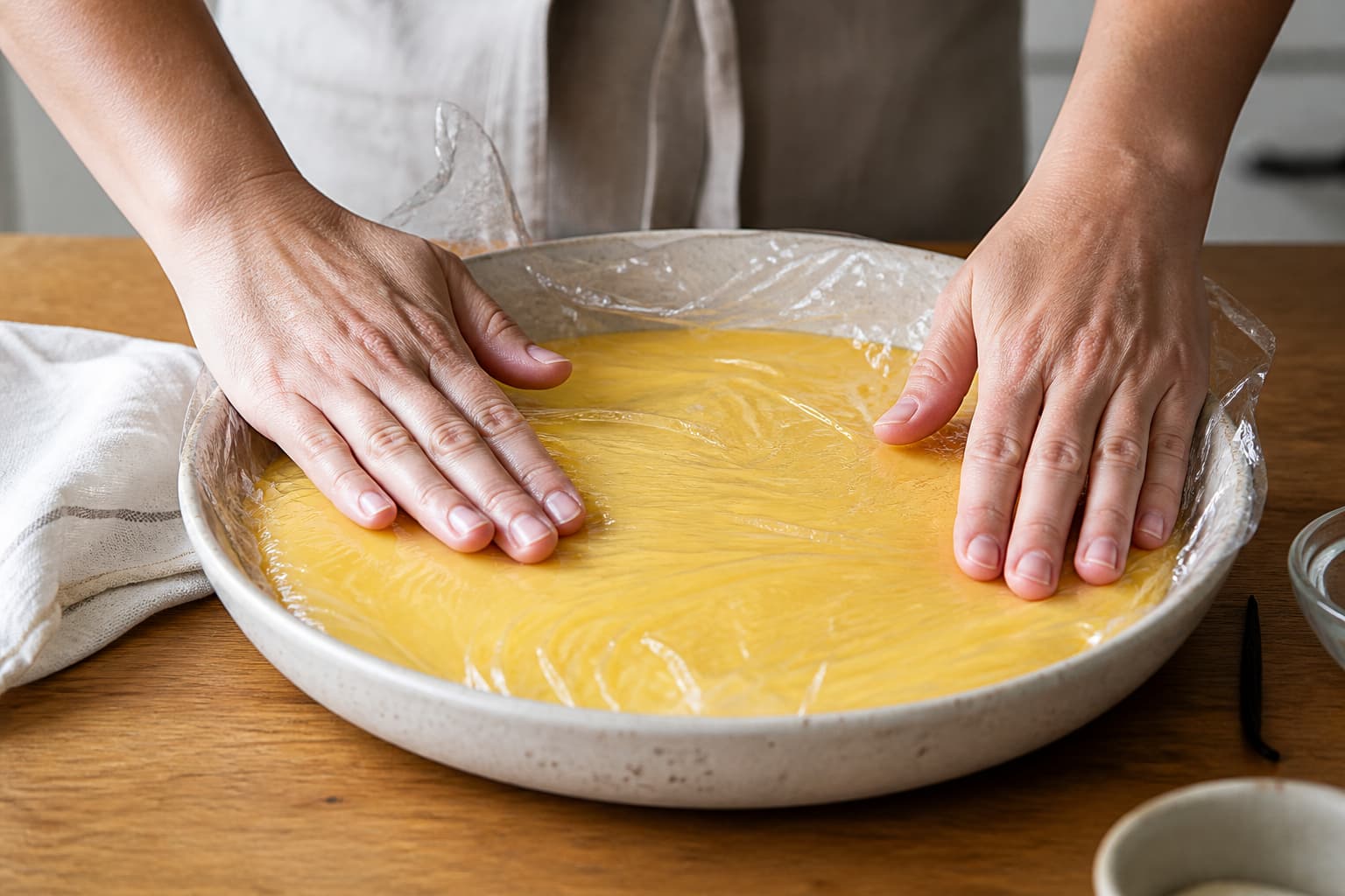 Un plat large en céramique rempli de crème pâtissière jaune lisse, recouvert d