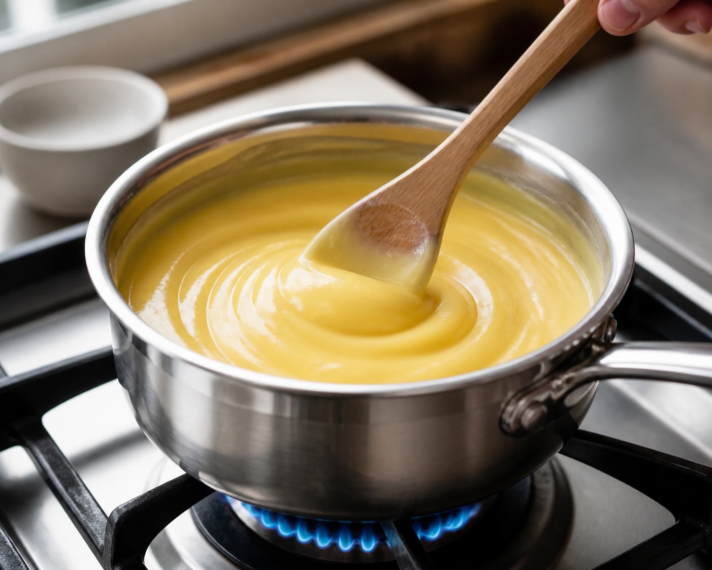 Casserole sur feu doux contenant une crème pâtissière jaune épaisse parcourue de traces de fouet.