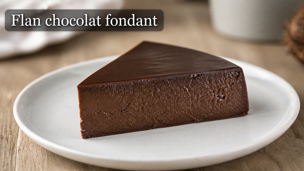 Tranche de flan au chocolat noir sur une assiette blanche, avec une texture intérieure crémeuse et une surface lisse et brillante, et le texte « Flan chocolat fondant » affiché en surimpression.