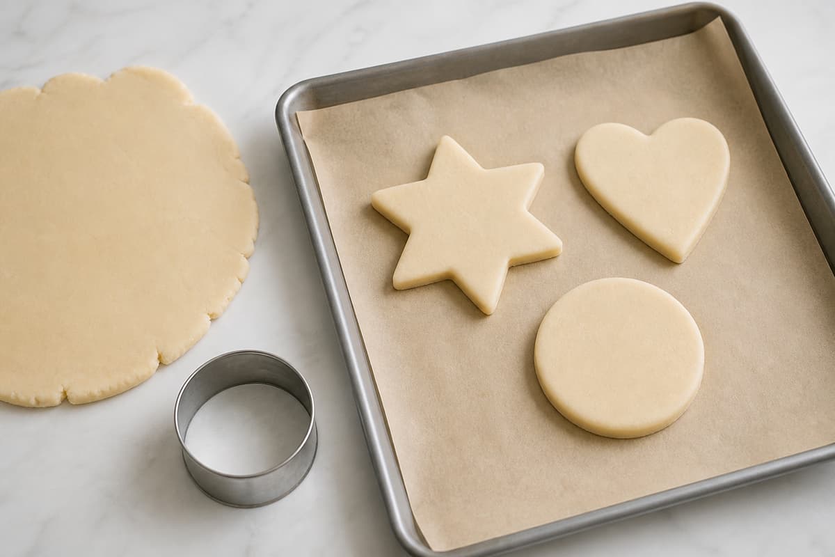 Plusieurs formes simples en pâte à sel (étoile, cœur, rond) sont disposées sur une plaque de cuisson, avec un emporte-pièce métallique posé à côté.