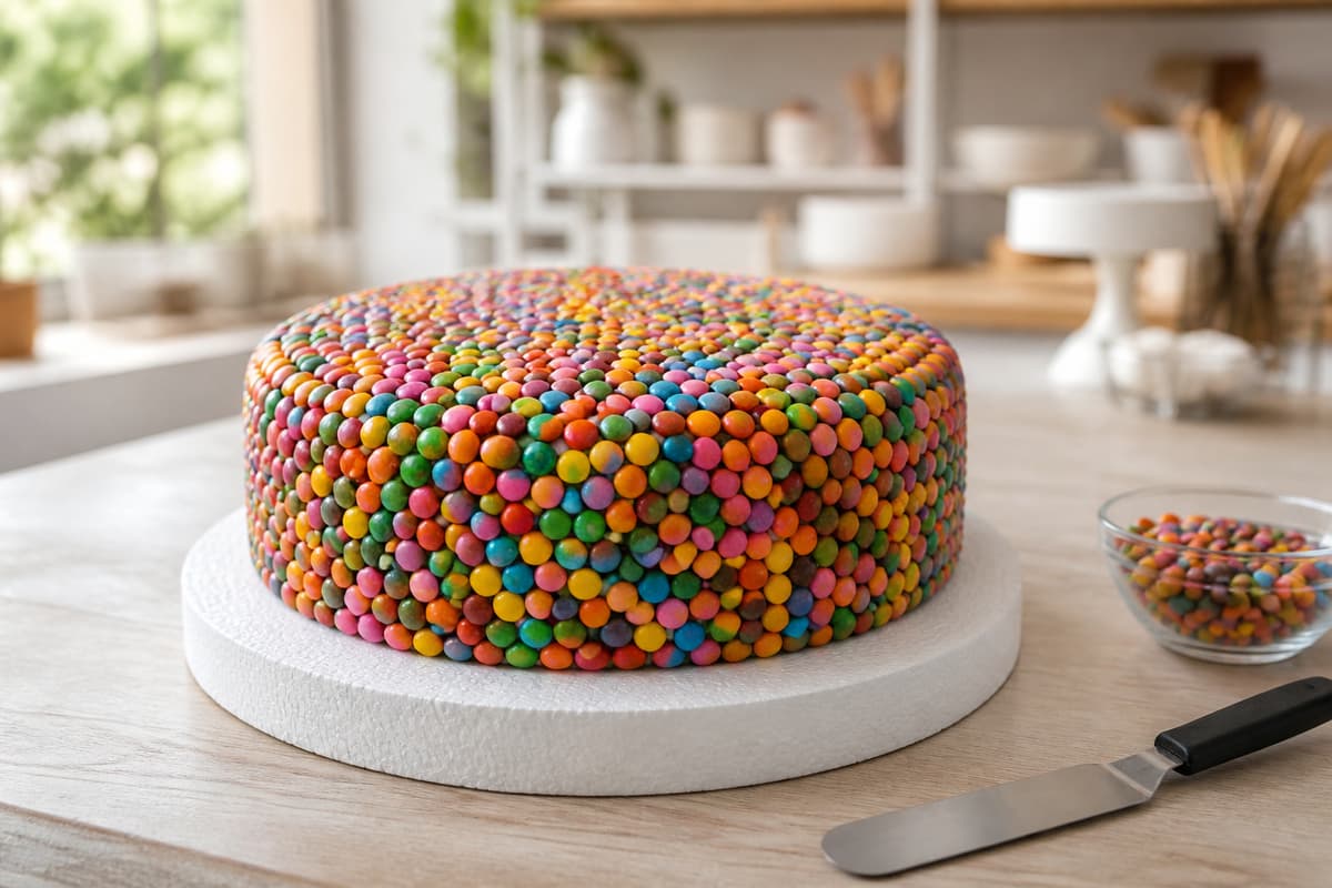 Gâteau de bonbons coloré sur un support rond blanc en polystyrène, posé sur une surface plane dans un atelier lumineux avec quelques éléments de montage à proximité.
