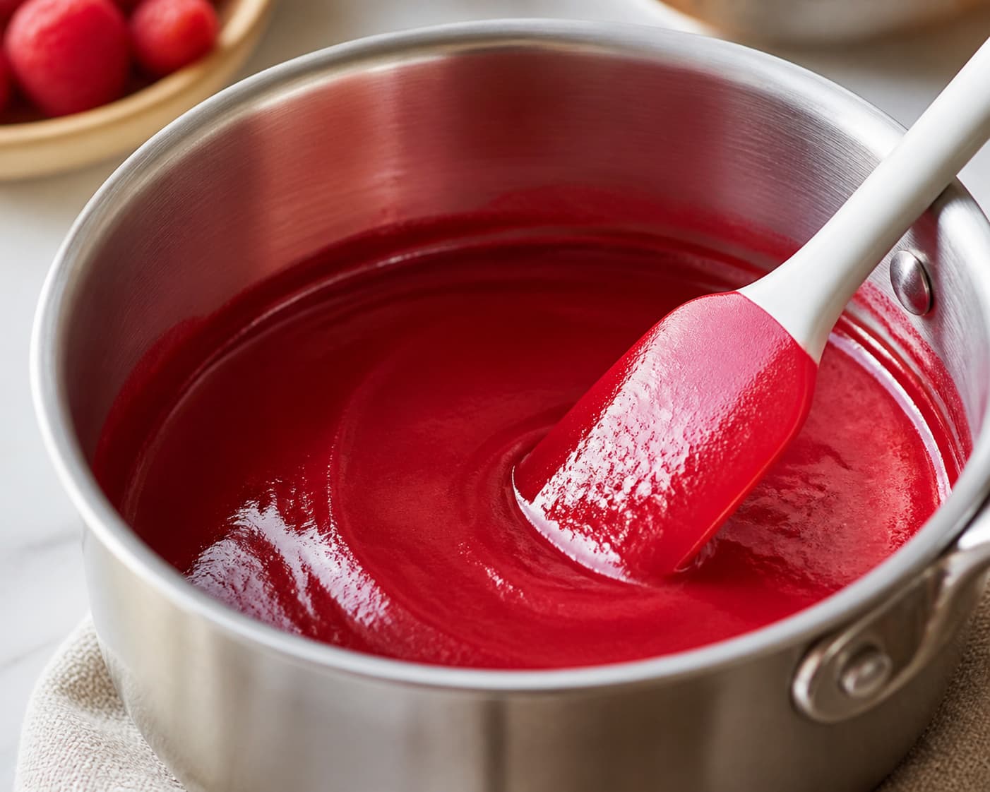 Petite casserole sur feu doux contenant une purée de framboises tiède, une feuille de gélatine fondue incorporée sans bulles d