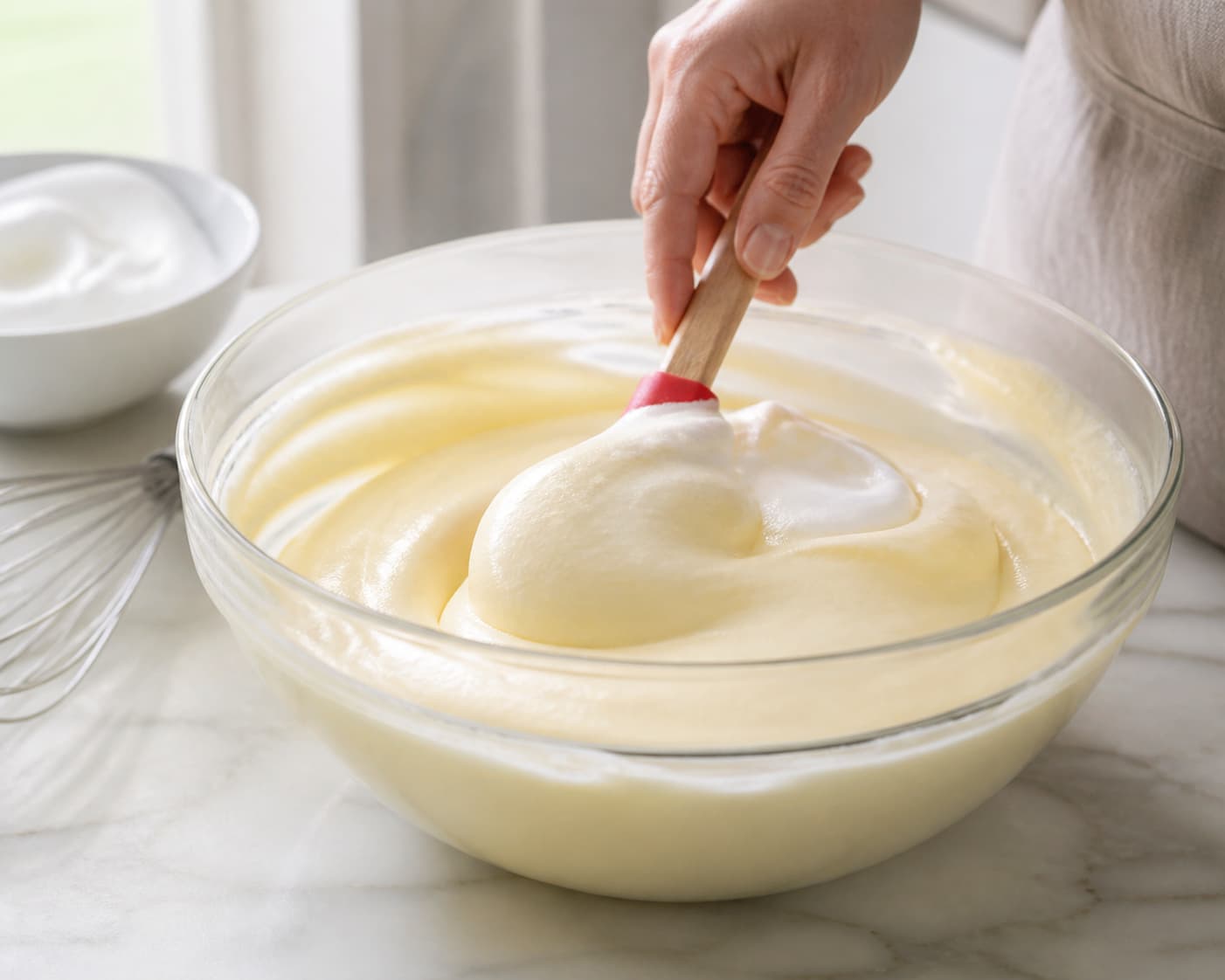 Maryse soulevant délicatement une crème jaune et blanche homogène dans un grand saladier.