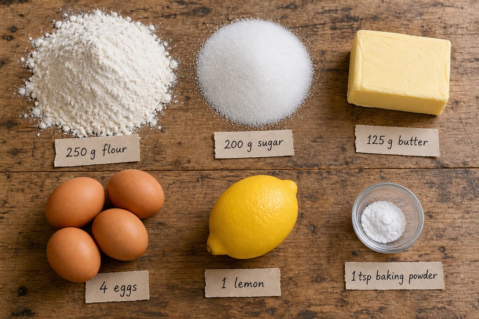 Ingrédients pour 18 madeleines au citron disposés sur un plan de travail en bois : farine, sucre, beurre, œufs, citron et levure chimique, avec leurs quantités indiquées sur de petites étiquettes manuscrites.