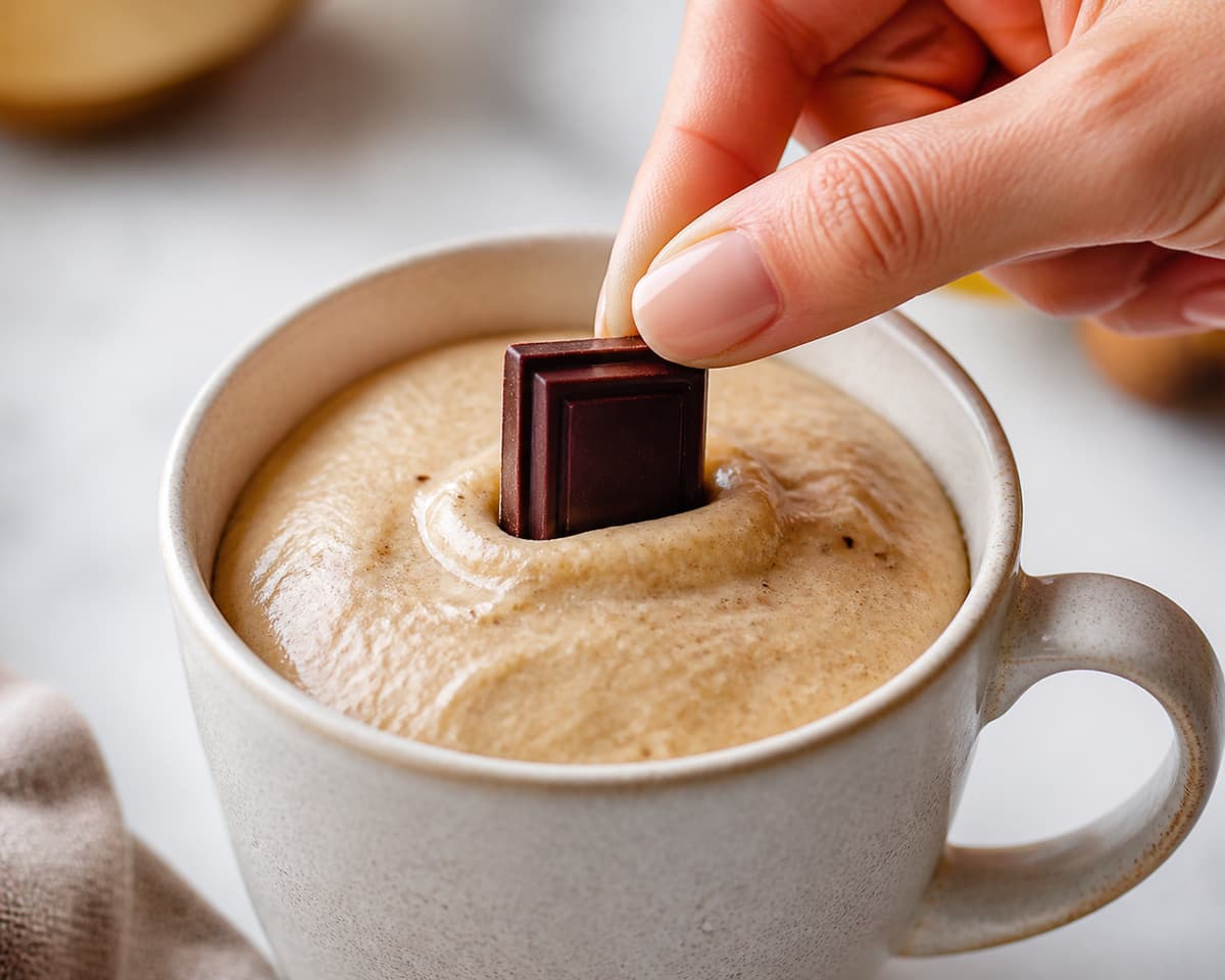 Main insérant un carré de chocolat noir au centre d'une pâte crue lisse dans un mug en céramique propre.