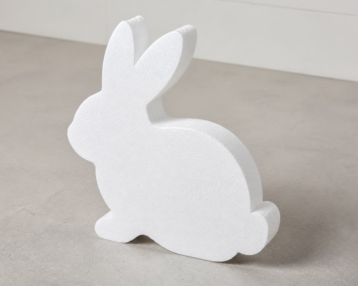 Silhouette de lapin découpée dans du polystyrène blanc posée sur un plan de travail neutre, vue légèrement de trois quarts, montrant des contours réguliers et une épaisseur visible.