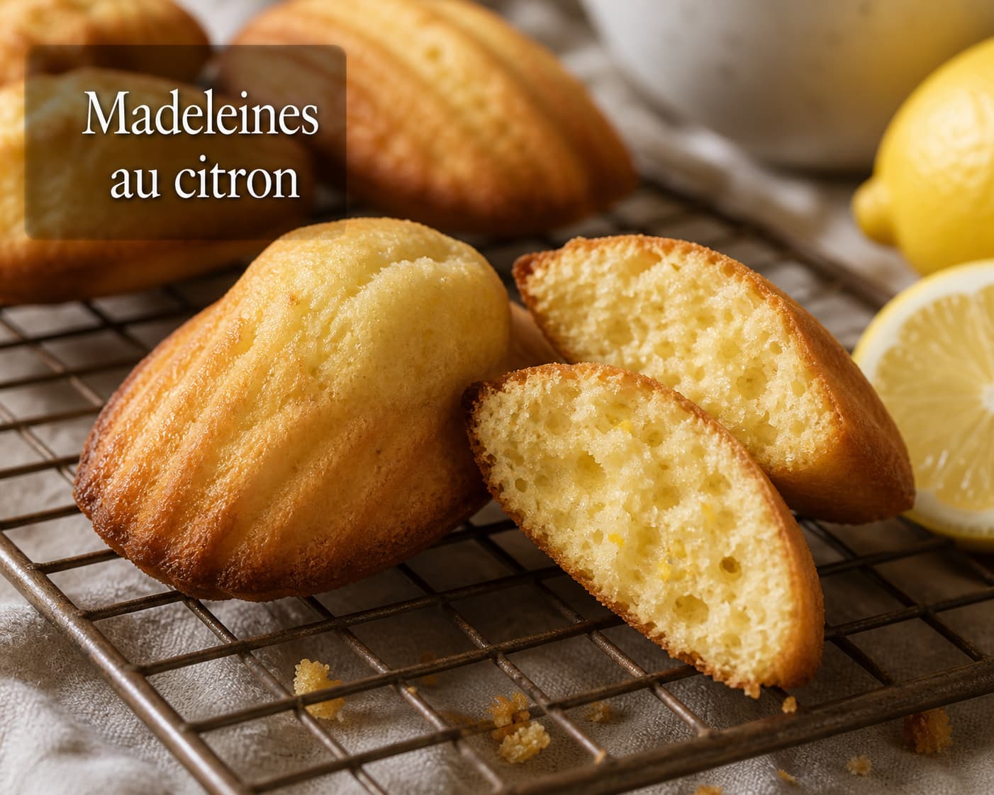 Gros plan sur des madeleines au citron entières et coupées, disposées sur une grille, montrant leur texture moelleuse et leur couleur dorée, avec le texte Madeleines au citron en superposition.