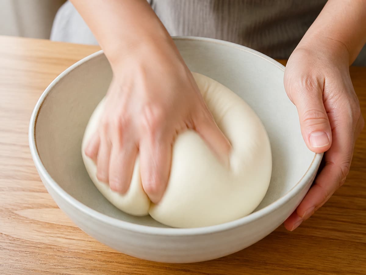 Deux mains pétrissent une boule de pâte blanche lisse dans un saladier en céramique.