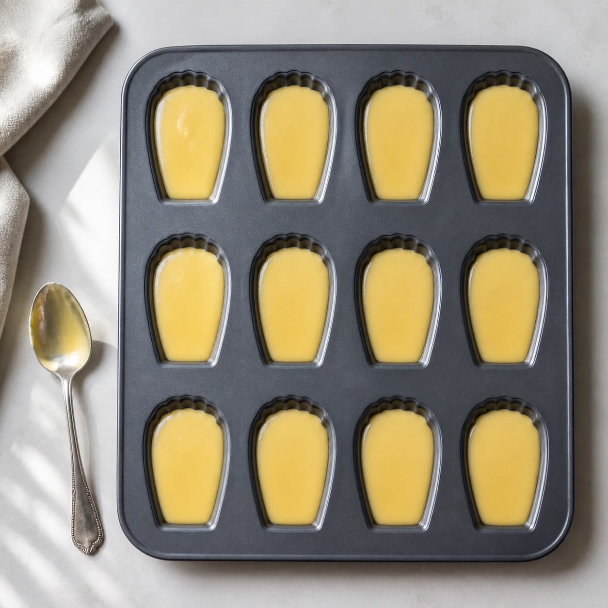 Vue de dessus d’un moule à madeleines dont les empreintes sont remplies de pâte aux trois quarts.