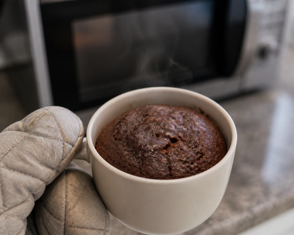 Un mug cake chaud dans une tasse en céramique, tenu avec une manique, de la vapeur s'échappant, devant un micro-ondes flou.