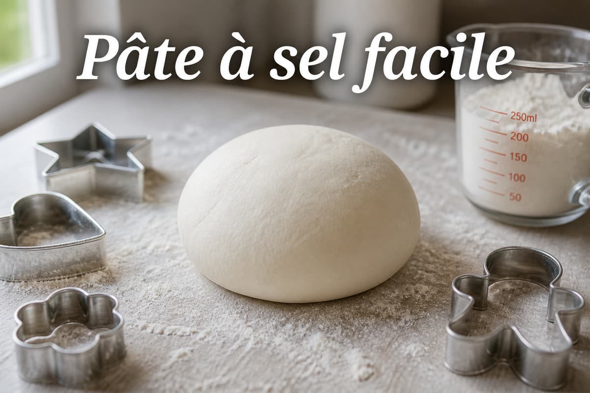 Boule de pâte à sel blanche et lisse posée sur un plan de travail fariné, entourée d’emporte-pièces et d’un verre mesureur, avec le texte « Pâte à sel facile » incrusté.