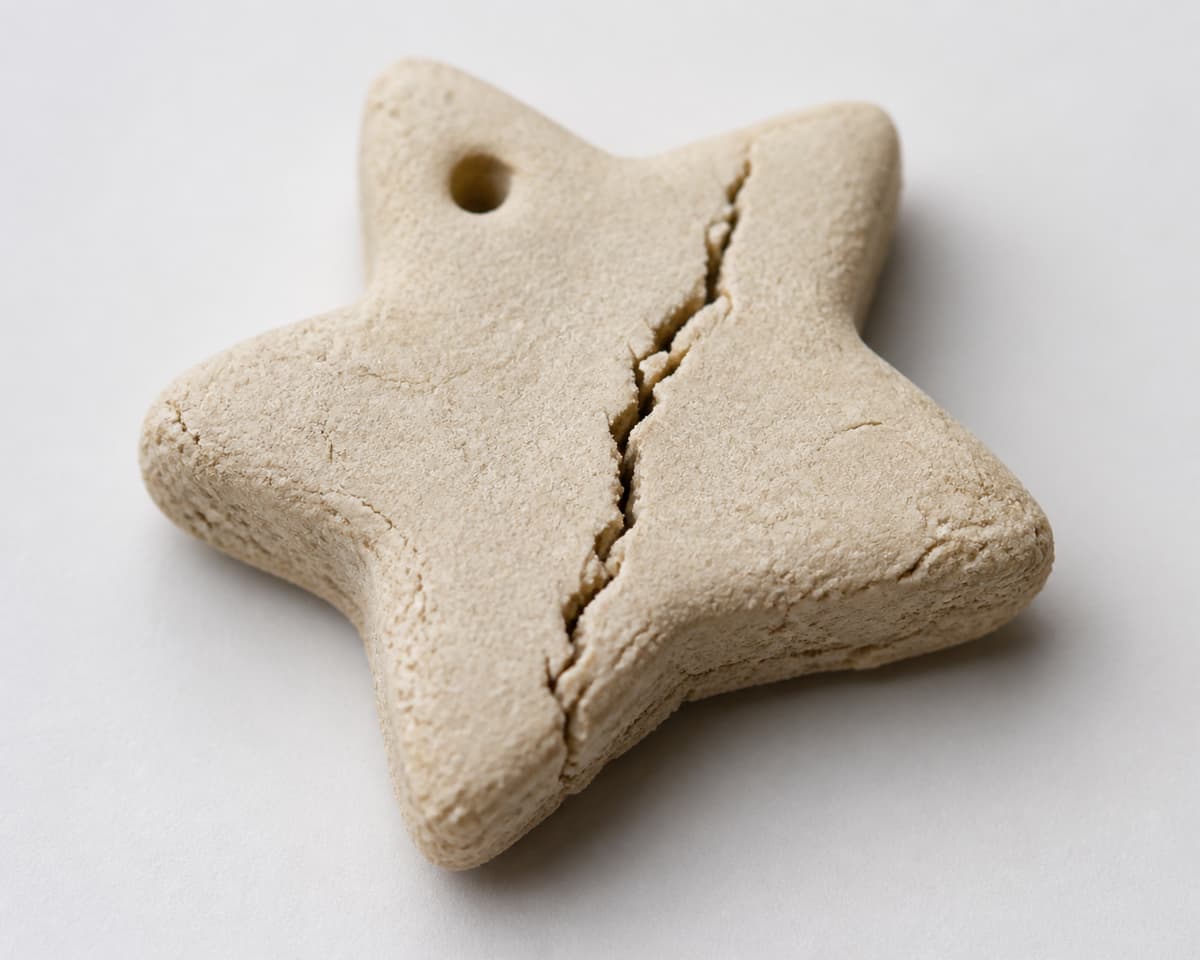 Gros plan sur une création en pâte à sel présentant une fissure nette et une texture friable, avec une pièce légèrement déformée sous un éclairage neutre.