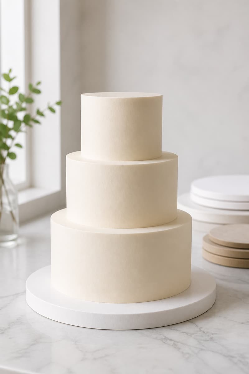 Pièce montée à trois étages stable et centrée sur un socle large, posée sur une table de préparation avec des plateaux de pâtisserie à proximité.