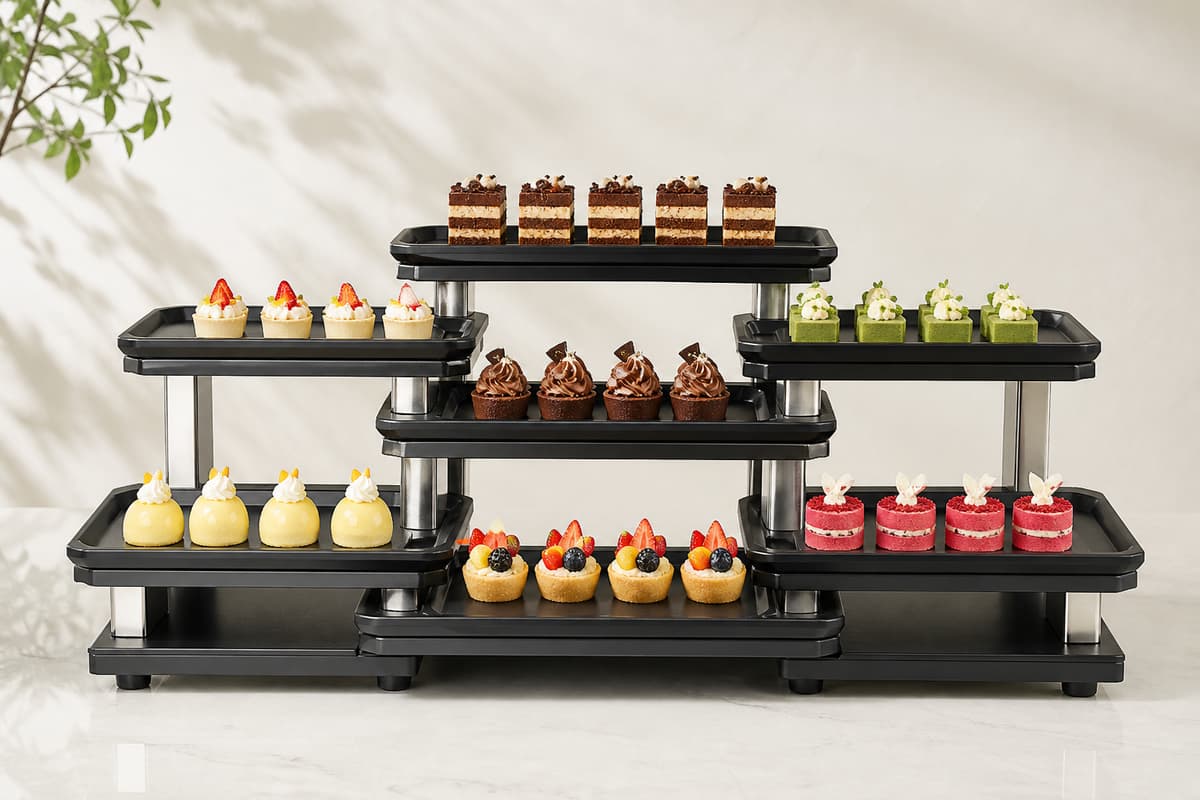 Ensemble de plateaux de présentation emboîtables disposés en étagère avec des desserts individuels posés sur plusieurs niveaux et une base stable.