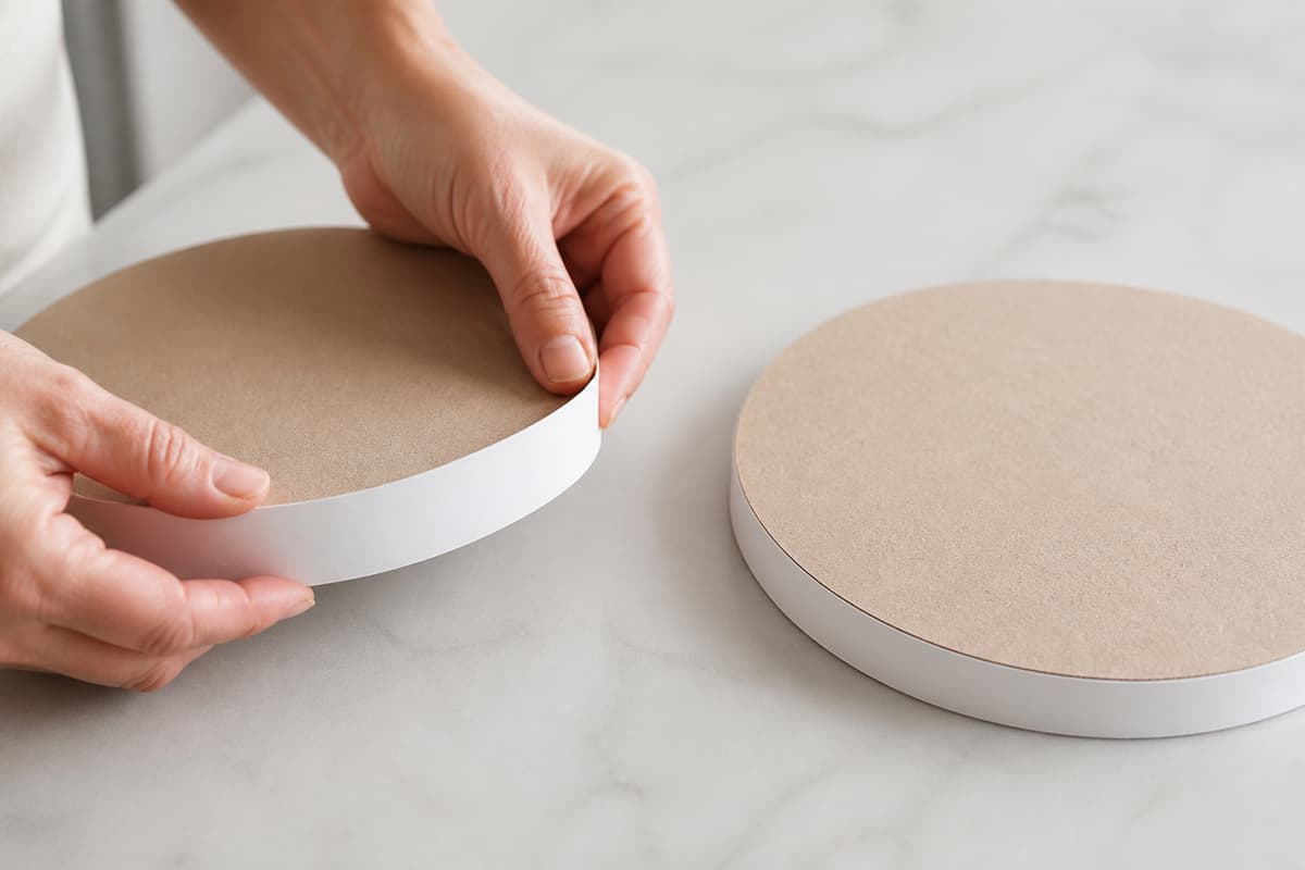 Main posant une bande de papier lisse sur le chant d’un support rond, à côté d’un support terminé non décoré sur une surface propre.