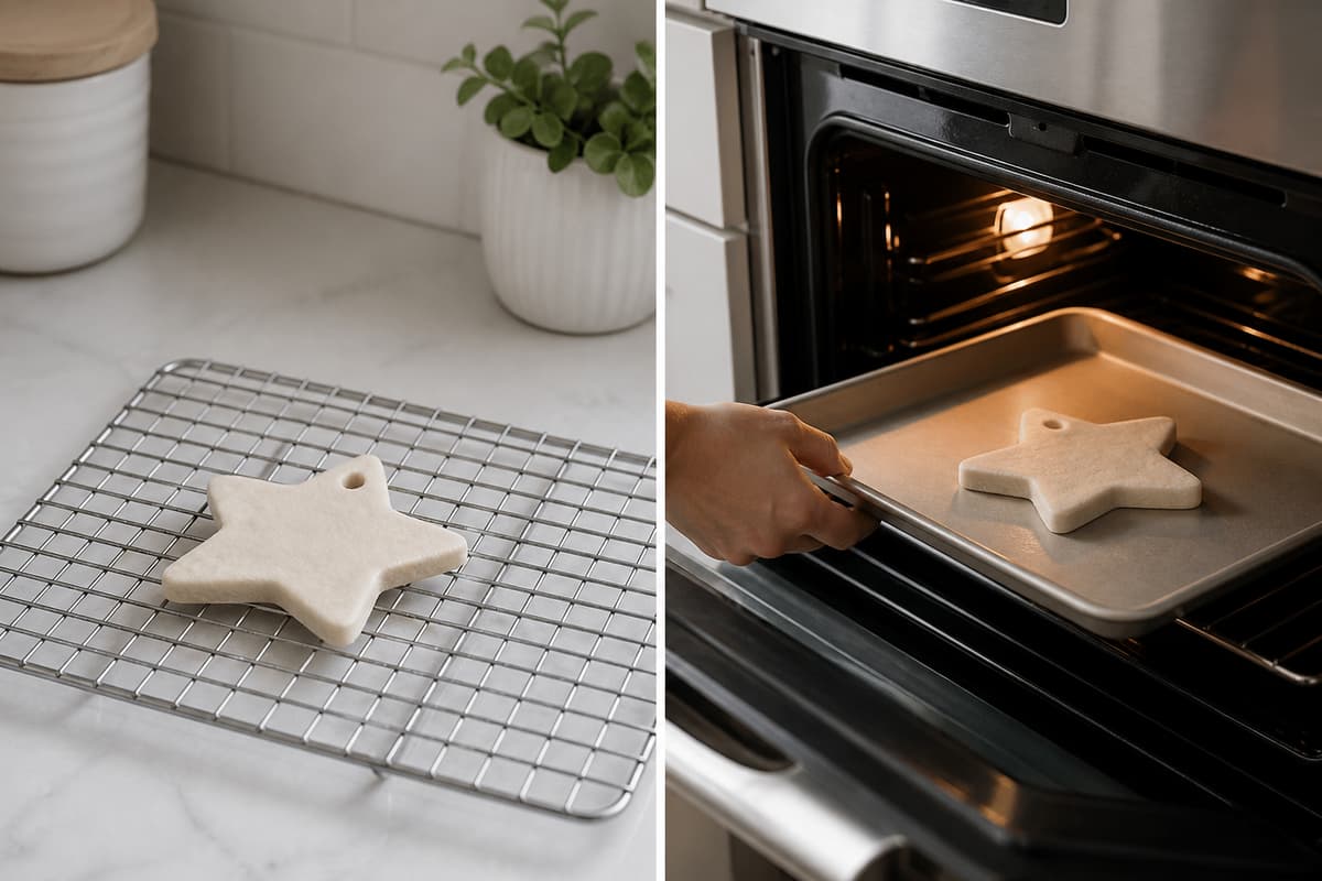 Comparaison de deux zones de séchage : à gauche, une création en pâte à sel repose sur une grille à l’air libre ; à droite, une plaque avec une autre création entre dans un four entrouvert à température douce.