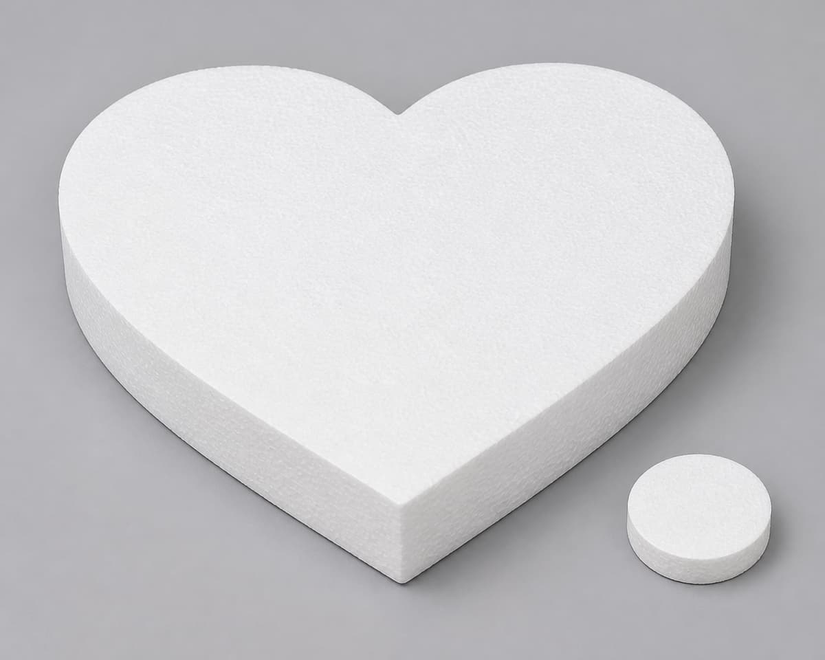 Support en forme de cœur en polystyrène blanc, vu légèrement du dessus, avec un disque rond blanc à côté sur un fond sobre.