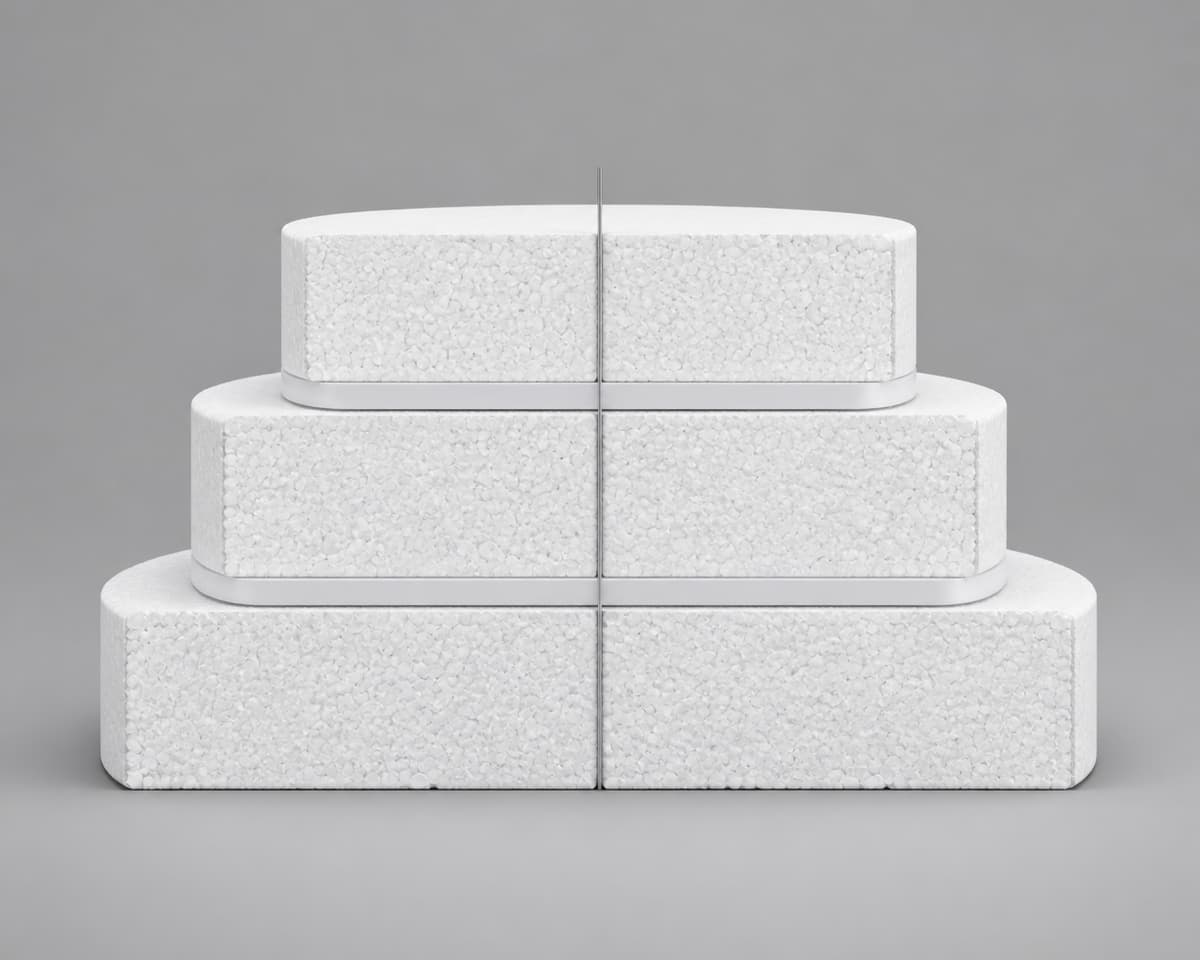 Coupe latérale d’un support en polystyrène à trois disques superposés, avec un axe central vertical, des bandes visibles entre les niveaux et une base plus large.