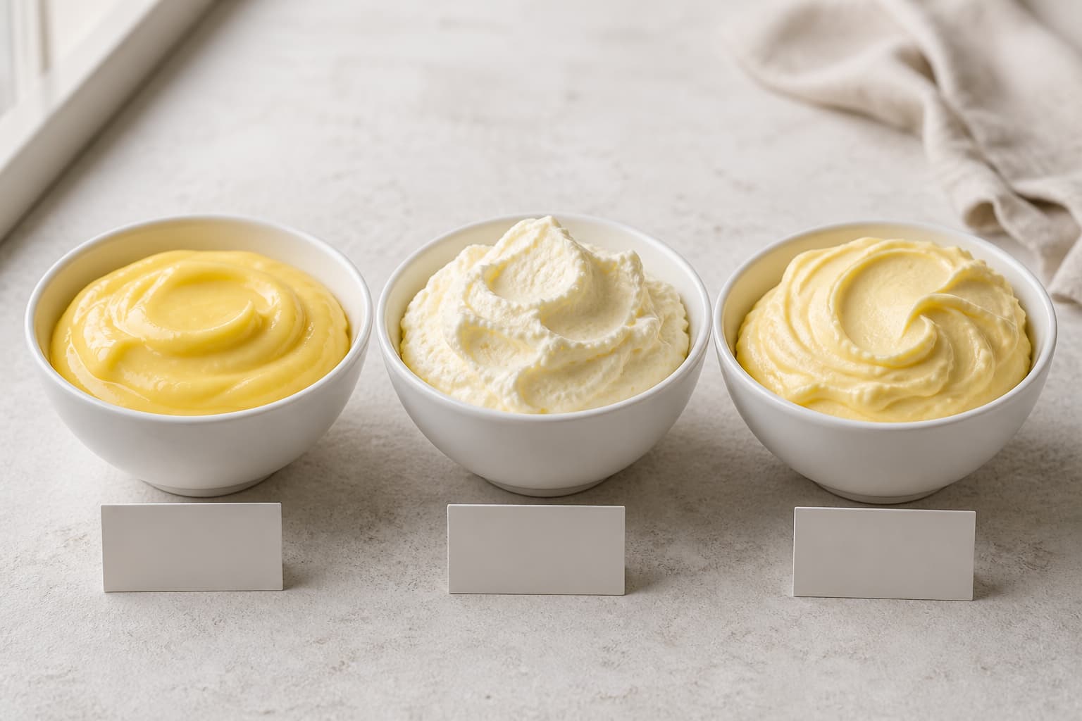 Trois bols alignés présentant une crème pâtissière dense, une crème diplomate aérienne et une crème mousseline riche, avec de discrètes étiquettes devant chaque bol.