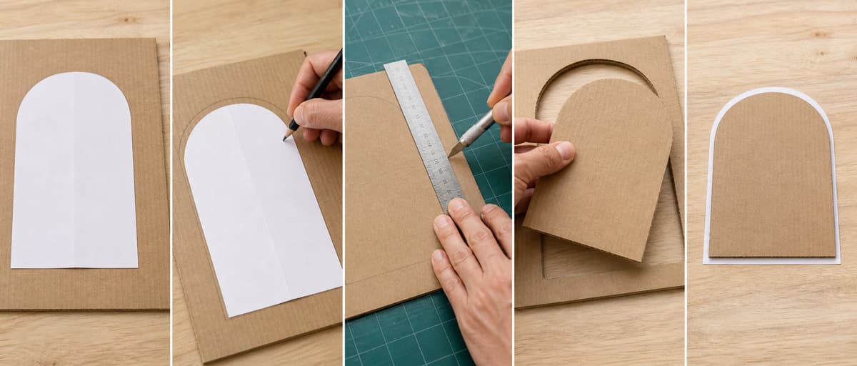 Séquence en cinq étapes montrant le traçage d’un patron en papier sur du carton, la découpe au cutter sur tapis de coupe et le contrôle de la pièce découpée.