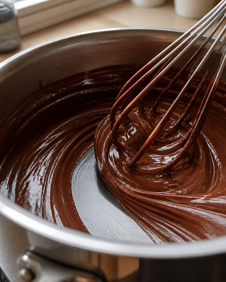 Un fouet trace un sillon net dans une crème au chocolat épaisse et homogène au fond d’une casserole.