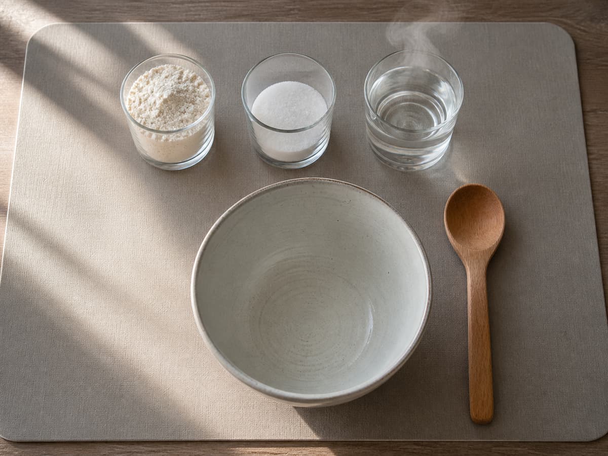 Trois verres identiques remplis de farine, de sel et d’eau fumante alignés sur une table protégée, à côté d’un saladier et d’une cuillère en bois.