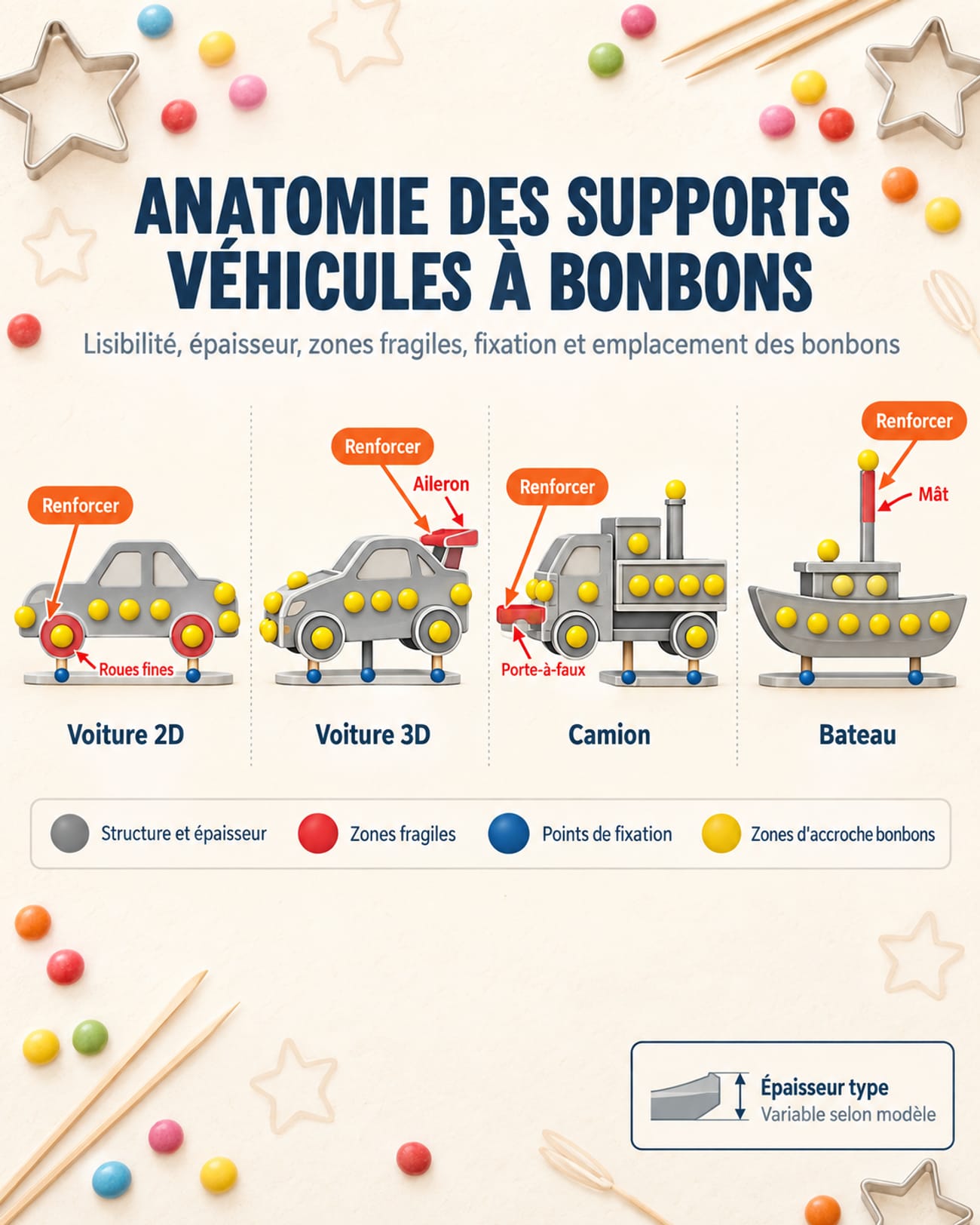 Voiture en bonbons : anatomie des supports 2D, 3D et camion