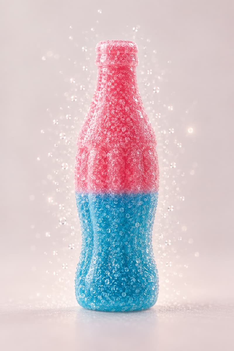 Bonbon en forme de bouteille rose et bleu avec un léger effet pétillant, isolé sur fond neutre.