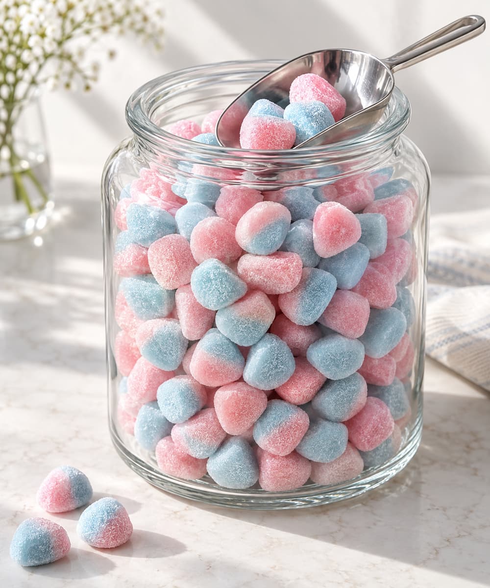 Bocal en verre rempli de bonbons moelleux roses et bleus, avec une cuillère métallique posée sur le bord.