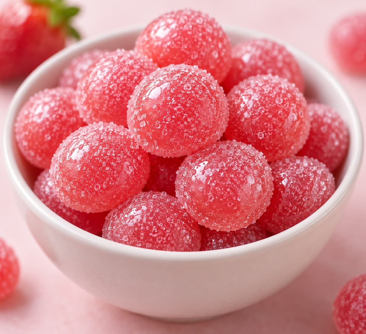 Bonbons ronds roses empilés dans un petit contenant sur un fond clair.